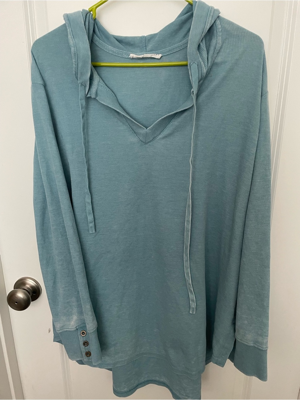 Light Teal Hooded V-Neck Women's Sweater